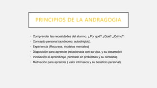 PRINCIPIOS DE LA ANDRAGOGIA
• Comprender las necesidades del alumno. ¿Por qué? ¿Qué? ¿Cómo?.
• Concepto personal (autónomo, autodirigido).
• Experiencia (Recursos, modelos mentales)
• Disposición para aprender (relacionada con su vida, y su desarrollo)
• Inclinación al aprendizaje (centrado en problemas y su contexto).
• Motivación para aprender ( valor intrínseco y su beneficio personal)
 