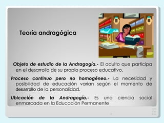 Teoría andragógica Objeto de estudio de la Andragogía.-  El adulto que participa en el desarrollo de su propio proceso educativo. Proceso continuo pero no homogéneo.-  La necesidad y posibilidad de educación varían según el momento de  desarrollo  de la personalidad. Ubicación de la Andragogía.-  Es una ciencia social enmarcada en la Educación Permanente  José Luis Cazarez 