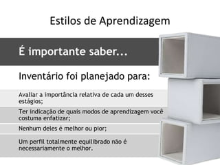 Estilos de Aprendizagem

É importante saber...

Inventário foi planejado para:
Avaliar a importância relativa de cada um desses
estágios;
Ter indicação de quais modos de aprendizagem você
costuma enfatizar;
Nenhum deles é melhor ou pior;

Um perfil totalmente equilibrado não é
necessariamente o melhor.
 