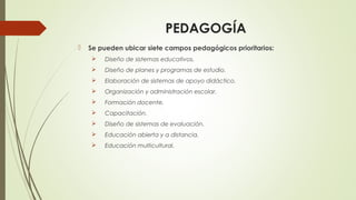 PEDAGOGÍA
 Se pueden ubicar siete campos pedagógicos prioritarios:
 Diseño de sistemas educativos.
 Diseño de planes y programas de estudio.
 Elaboración de sistemas de apoyo didáctico.
 Organización y administración escolar.
 Formación docente.
 Capacitación.
 Diseño de sistemas de evaluación.
 Educación abierta y a distancia.
 Educación multicultural.
 