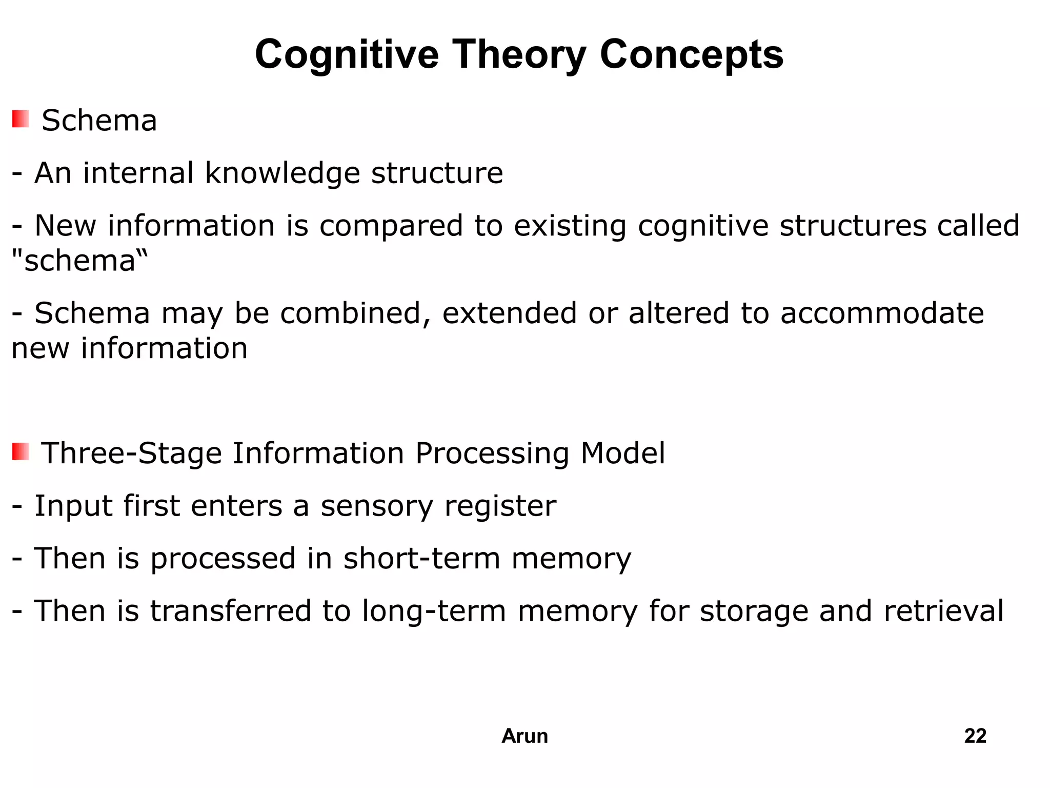 Cognitive Theory Concepts
Schema
- An internal knowledge structure
- New information is compared to existing cognitive structures called
"schema“
- Schema may be combined, extended or altered to accommodate
new information
Three-Stage Information Processing Model
- Input first enters a sensory register
- Then is processed in short-term memory
- Then is transferred to long-term memory for storage and retrieval
22Arun
 
