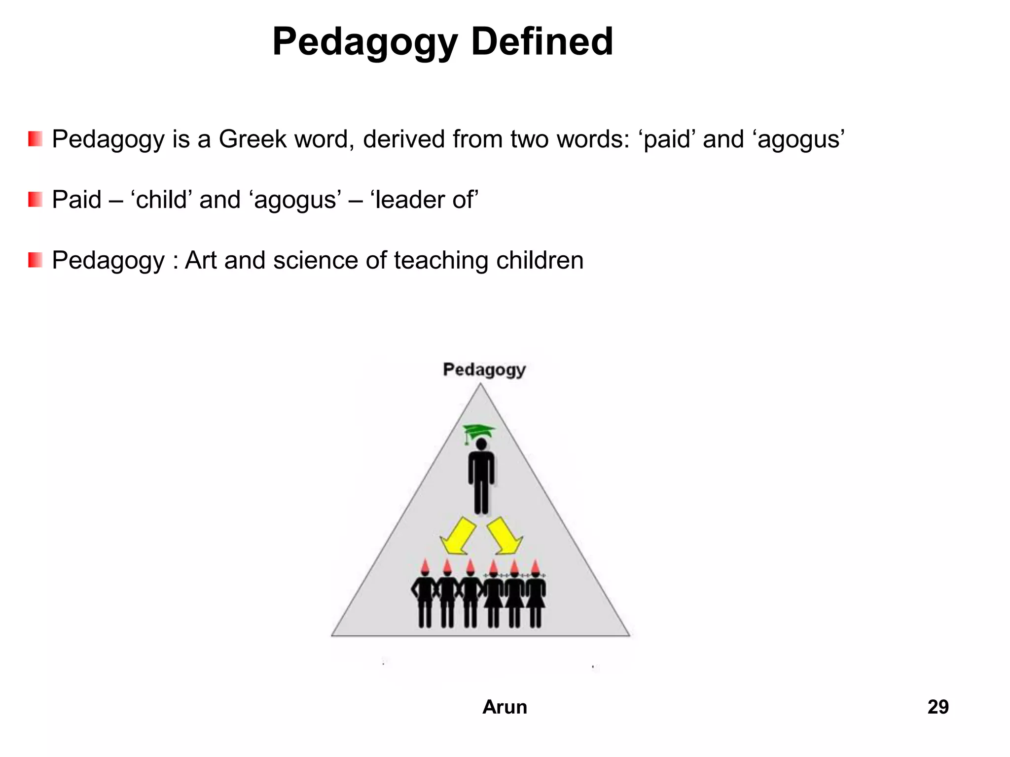 Pedagogy Defined
Pedagogy is a Greek word, derived from two words: ‘paid’ and ‘agogus’
Paid – ‘child’ and ‘agogus’ – ‘leader of’
Pedagogy : Art and science of teaching children
29Arun
 