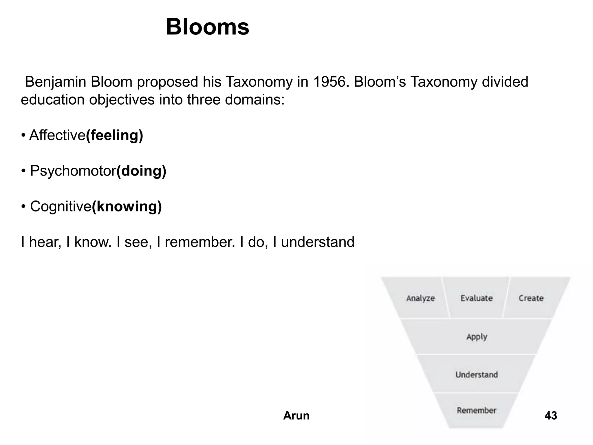 Benjamin Bloom proposed his Taxonomy in 1956. Bloom’s Taxonomy divided
education objectives into three domains:
• Affective(feeling)
• Psychomotor(doing)
• Cognitive(knowing)
I hear, I know. I see, I remember. I do, I understand
Blooms
43Arun
 
