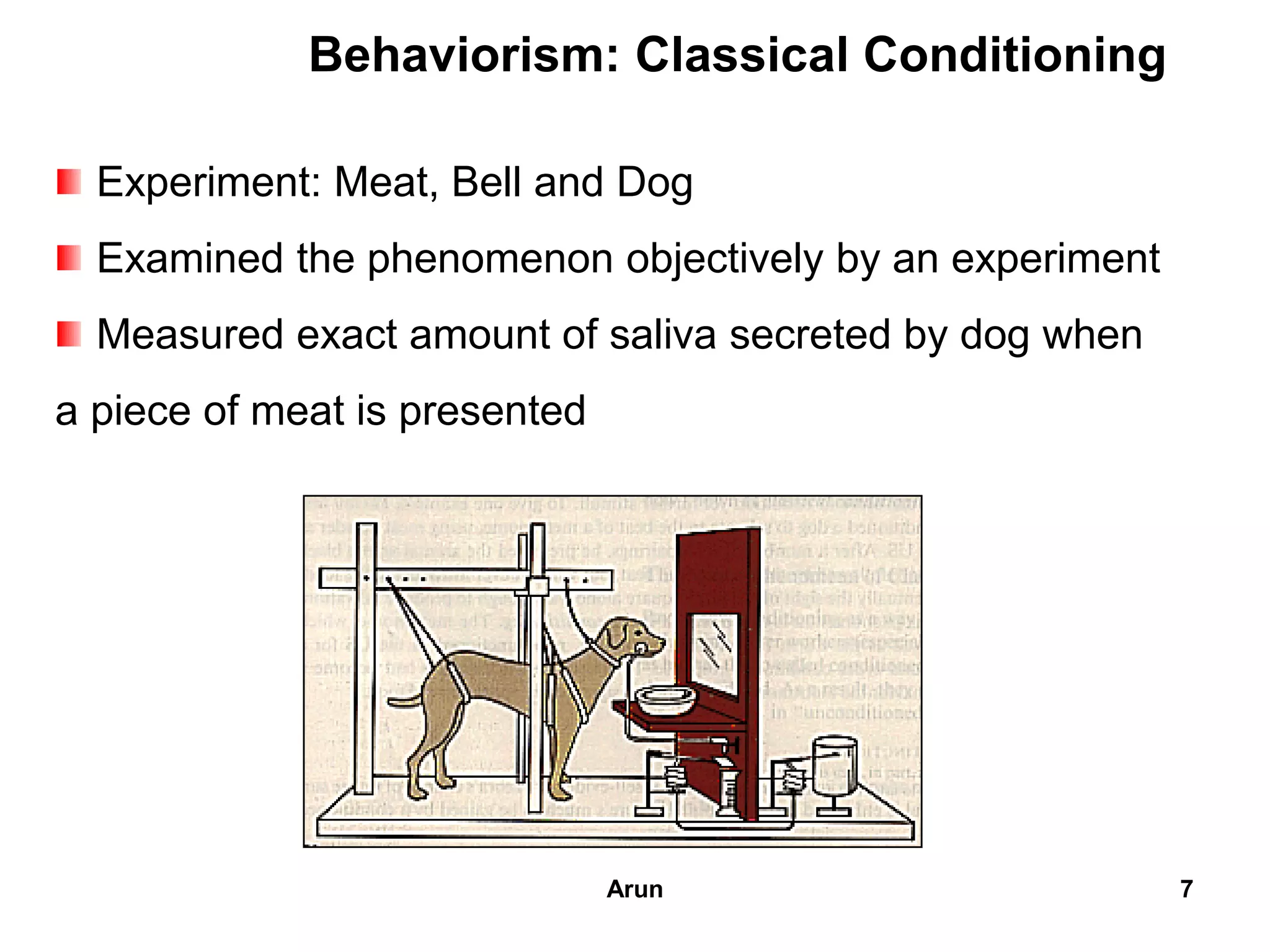 Behaviorism: Classical Conditioning
Experiment: Meat, Bell and Dog
Examined the phenomenon objectively by an experiment
Measured exact amount of saliva secreted by dog when
a piece of meat is presented
7Arun
 