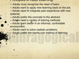 Principles of Adult Learning:
-- Adults must recognize the need of learn.
-- Adults want to apply new learning back on the job.
-- Adults need to integrate past experience with new
material.
-- Adults prefer the concrete to the abstract.
-- Adults need a variety of training methods.
-- Adults learn better in an informal, confortable
environment.
-- Adults want to solve realistic problems.
-- Adults prefer the hands-one method of learning.
 