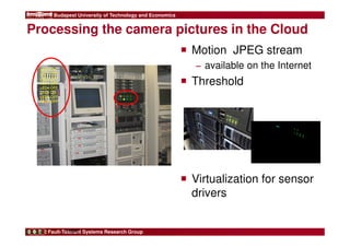 Budapest University of Technology and Economics 
Processing the camera pictures in the Cloud 
Fault-Tolerant Systems Research Group 
 Motion JPEG stream 
− available on the Internet 
 Threshold 
 Virtualization for sensor 
drivers 
11 
FIRST 
 