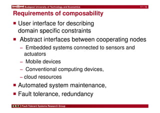 Budapest University of Technology and Economics 
Requirements of composability 
 User interface for describing 
domain specific constraints 
 Abstract interfaces between cooperating nodes 
− Embedded systems connected to sensors and 
actuators 
− Mobile devices 
− Conventional computing devices, 
− cloud resources 
 Automated system maintenance, 
 Fault tolerance, redundancy 
Fault-Tolerant Systems Research Group 
17 / 16 
 
