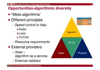 Budapest University of Technology and Economics 
Opportunities-algorithmic diversity 
 “Meta-algorithms’ 
 Different principles 
− Speed control in Italy: 
●Radar 
●Laser 
●TUTOR 
− Resource requirements 
 External providers 
− Aaas – 
algorithm as a service 
− External validator 
Fault-Tolerant Systems Research Group 
Algorithm 
Cyber 
Comm. 
Physical 
25 
 