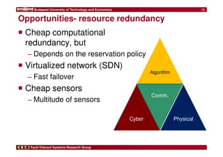 Budapest University of Technology and Economics 
Opportunities- resource redundancy 
 Cheap computational 
redundancy, but 
− Depends on the reservation policy 
 Virtualized network (SDN) 
− Fast failover 
 Cheap sensors 
− Multitude of sensors 
Fault-Tolerant Systems Research Group 
Algorithm 
Cyber 
Comm. 
Physical 
26 
 