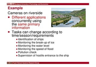 Budapest University of Technology and Economics 
Example 
Cameras on riverside 
 Different applications 
concurrently using 
the same primary 
information 
 Tasks can change according to 
time/season/requirements 
●Identification of ships 
●Monitoring the break-up of ice 
●Monitoring the water level 
●Monitoring the speed of flood 
●Pollution check 
●Supervision of hostile entrance to the ship 
Fault-Tolerant Systems Research Group 
 