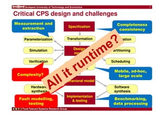 Budapest University of Technology and Economics 
Measurement and 
extraction 
Parameterization 
Fault-Tolerant Systems Research Group 
7 
Critical CPS design and challenges 
Transformation 
Design 
modell 
Communication 
synthesis 
Behavioral model 
Implementation 
 testing 
Hardware 
synthesis 
Optimization 
Software 
synthesis 
Simulation 
Verification 
Partitioning 
Scheduling 
Specification 
Completeness 
consistency 
Fault modelling, 
testing 
Benchmarking, 
data processing 
CCoommpplleexxiittyy?? 
Mobile, ad-hoc, 
large scale 
 