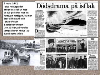4 mars 1942
I elva minusgrader
driver ett isflak ut med
ca 200 personer mot ett
nattsvart Kattegatt. 40 man
drev till havs på isen
i Skälderviken
3 personer omkom
Den 26 februari var det
temperaturer minus -35
även i norra Skåne
 