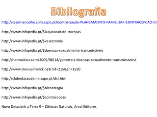http://cssernancelhe.com.sapo.pt/Centro-Saude-PLANEAMENTO-FAMILILIAR-CONTRACEPCAO-CIR
http://www.infopedia.pt/$laqueacao-de-trompas
http://www.infopedia.pt/$vasectomia
http://www.infopedia.pt/$doencas-sexualmente-transmissiveis
http://homositius.com/2009/08/14/gonorreia-doencas-sexualmente-transmissiveis/
http://www.manualmerck.net/?id=215&cn=1830
http://clubedasaude.no.sapo.pt/dst.htm
http://www.infopedia.pt/$blenorragia
http://www.infopedia.pt/$contracepcao
Novo Descobrir a Terra 9 – Ciências Naturais, Areal Editores
 