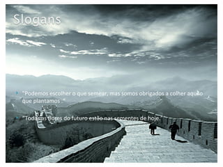 "Podemos escolher o que semear, mas somos obrigados a colher aquilo que plantamos .“  “ Todas as flores do futuro estão nas sementes de hoje.” 