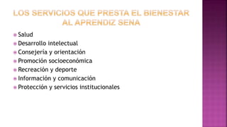  Salud
 Desarrollo intelectual
 Consejería y orientación
 Promoción socioeconómica
 Recreación y deporte
 Información y comunicación
 Protección y servicios institucionales
 