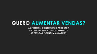 QUERO AUMENTAR VENDAS?
AS PESSOAS CONSOMEM O PRODUTO?
É CULTURAL ESSE COMPORTAMENTO?
AS PESSOAS ENTENDEM A MARCA?
 
