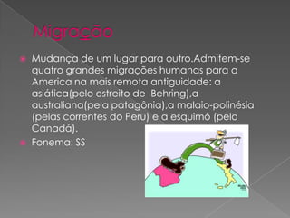 MigraçãoMudança de um lugar para outro.Admitem-se quatro grandes migrações humanas para a America na mais remota antiguidade: a asiática(pelo estreito de  Behring),a australiana(pela patagônia),a malaio-polinésia  (pelas correntes do Peru) e a esquimó (pelo Canadá).Fonema: SS    