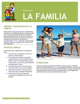 TRUJILLO 2012




                                   LA FAMILIA
  ORIGEN Y CONCEPCIÓN DE LA
  FAMILIA
  Según expone ClaudeLévi-Strauss, la familia tiene
  su origen en el establecimiento de una alianza entre
  dos o más grupos de descendencia a través del
  enlace matrimonial entre dos de sus miembros. La
  familia está constituida por los parientes, es decir,
  aquellas personas que por cuestiones de
  consanguinidad, afinidad, adopción u otras razones
  diversas, hayan sido acogidas como miembros de
  esa colectividad.

  TIPOS DE FAMILIA:
   Las familias están clasificadas en los siguientes
  tipos:
      ● Familianuclear, formada por la madre, el
          padre y su descendencia.
      ● Familiaextensa, formada por parientes
          cuyas relaciones no son únicamente entre         Mauris at suspendisse, neque aliquam.
          padres e hijos. Una familia extensa puede
          incluirabuelos, tíos, primos y otros parientes   ETIMOLOGIA
          consanguíneos o afines.
      ● Familiamonoparental, en la que el hijo o           El término familia procede del latínfamīlia, "grupo de siervos y esclavos
          hijos vive(n) solo con uno de sus padres.        patrimonio del jefe de la gens", a su vez derivado de famŭlus, "siervo, escla
                                                           que a su vez deriva del oscofamel. El término abrió su campo semántico pa
      ● Familiahomoparental, en la que el hijo o           incluir también a la esposa e hijos del paterfamilias, a quien legalmente
          hijos vive(n) con una pareja homosexual.         pertenecían, hasta que acabó reemplazando a gens.
      ● Familiaensamblada, en la que está
          compuesta por agregados de dos o más
          familias




Issue 1 · TRUJILLO 2012 · Division · City, State
 