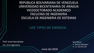REPUBLICA BOLIVARIANA DE VENEZUELA
UNIVERSIDAD BICENTENARIA DE ARAGUA
VICEDOCTORADO ACADEMICO
FACULTAD DE INGENIERIA
ESCUELA DE INGENIERIA DE SISTEMAS
LOS TIPOS DE ENERGIA
Bachilleres:
 Andrea Mangieri
 C.I: 26.978.147
Int. A la ingeniería
Junio del 2018
Prof: Isnet Hernández
 