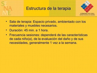 Estructura de la terapia Sala de terapia: Espacio privado, ambientado con los materiales y muebles necesarios. Duración: 45 min. a 1 hora. Frecuencia sesiones: dependerá de las características de cada niño(a), de la evaluación del daño y de sus necesidades, generalmente 1 vez a la semana. 