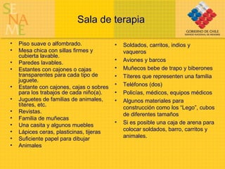 Sala de terapia  Piso suave o alfombrado. Mesa chica con sillas firmes y cubierta lavable. Paredes lavables. Estantes con cajones o cajas transparentes para cada tipo de juguete. Estante con cajones, cajas o sobres para los trabajos de cada niño(a). Juguetes de familias de animales, títeres, etc. Revistas. Familia de muñecas  Una casita y algunos muebles  Lápices ceras, plasticinas, tijeras  Suficiente papel para dibujar  Animales  Soldados, carritos, indios y vaqueros  Aviones y barcos  Muñecos bebe de trapo y biberones  Títeres que representen una familia  Teléfonos (dos)  Policías, médicos, equipos médicos  Algunos materiales para construcción como los “Lego”, cubos de diferentes tamaños  Si es posible una caja de arena para colocar soldados, barro, carritos y animales.  