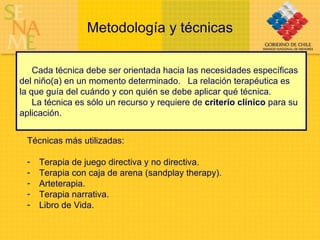 Metodología y técnicas Técnicas más utilizadas: Terapia de juego directiva y no directiva. Terapia con caja de arena (sandplay therapy). Arteterapia. Terapia narrativa. Libro de Vida. Cada técnica debe ser orientada hacia las necesidades específicas  del niño(a) en un momento determinado.  La relación terapéutica es  la que guía del cuándo y con quién se debe aplicar qué técnica.  La técnica es sólo un recurso y requiere de  criterio clínico  para su  aplicación.  