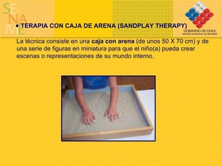 TERAPIA CON CAJA DE ARENA (SANDPLAY THERAPY) La técnica consiste en una  caja con   arena  (de unos 50 X 70 cm) y de una serie de figuras en miniatura para que el niño(a) pueda crear escenas o representaciones de su mundo interno.  