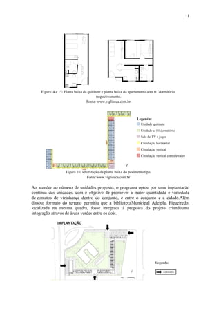 11
Figura14 e 15: Planta baixa da quitinete e planta baixa do apartamento com 01 dormitório,
respectivamente.
Fonte: www.vigliecca.com.br
Legenda:
Unidade quitinete
Unidade c/ 01 dormitório
Sala de TV e jogos
Circulação horizontal
Circulação vertical
Circulação vertical com elevador
Figura 16: setorização da planta baixa do pavimento tipo.
Fonte:www.vigliecca.com.br
Ao atender ao número de unidades proposto, o programa optou por uma implantação
contínua das unidades, com o objetivo de promover a maior quantidade e variedade
de contatos de vizinhança dentro do conjunto, e entre o conjunto e a cidade.Além
disso,o formato do terreno permitiu que a bibliotecaMunicipal Adelpha Figueiredo,
localizada na mesma quadra, fosse integrada à proposta do projeto criandouma
integração através de áreas verdes entre os dois.
Legenda:
 