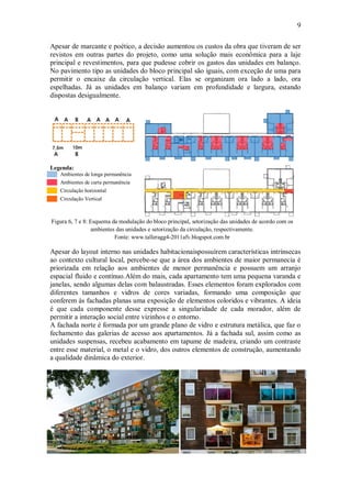 9
Apesar de marcante e poético, a decisão aumentou os custos da obra que tiveram de ser
revistos em outras partes do projeto, como uma solução mais econômica para a laje
principal e revestimentos, para que pudesse cobrir os gastos das unidades em balanço.
No pavimento tipo as unidades do bloco principal são iguais, com exceção de uma para
permitir o encaixe da circulação vertical. Elas se organizam ora lado a lado, ora
espelhadas. Já as unidades em balanço variam em profundidade e largura, estando
dispostas desigualmente.
Legenda:
Ambientes de longa permanência
Ambientes de curta permanência
Circulação horizontal
Circulação Vertical
Figura 6, 7 e 8: Esquema da modulação do bloco principal, setorização das unidades de acordo com os
ambientes das unidades e setorização da circulação, respectivamente.
Fonte: www.talleragg4-2011afv.blogspot.com.br
Apesar do layout interno nas unidades habitacionaispossuírem características intrínsecas
ao contexto cultural local, percebe-se que a área dos ambientes de maior permanecia é
priorizada em relação aos ambientes de menor permanência e possuem um arranjo
espacial fluido e contínuo.Além do mais, cada apartamento tem uma pequena varanda e
janelas, sendo algumas delas com balaustradas. Esses elementos foram explorados com
diferentes tamanhos e vidros de cores variadas, formando uma composição que
conferem às fachadas planas uma exposição de elementos coloridos e vibrantes. A ideia
é que cada componente desse expresse a singularidade de cada morador, além de
permitir a interação social entre vizinhos e o entorno.
A fachada norte é formada por um grande plano de vidro e estrutura metálica, que faz o
fechamento das galerias de acesso aos apartamentos. Já a fachada sul, assim como as
unidades suspensas, recebeu acabamento em tapume de madeira, criando um contraste
entre esse material, o metal e o vidro, dos outros elementos de construção, aumentando
a qualidade dinâmica do exterior.
 