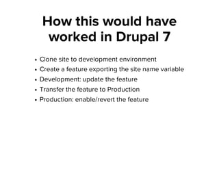 How this would have
worked in Drupal 7
Clone site to development environment
Create a feature exporting the site name variable
Development: update the feature
Transfer the feature to Production
Production: enable/revert the feature
 