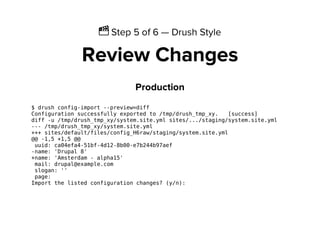 Ἲ Step 5 of 6 — Drush Style
Review Changes
Production
$ drush config-import --preview=diff
Configuration successfully exported to /tmp/drush_tmp_xy. [success]
diff -u /tmp/drush_tmp_xy/system.site.yml sites/.../staging/system.site.yml
--- /tmp/drush_tmp_xy/system.site.yml
+++ sites/default/files/config_H6raw/staging/system.site.yml
@@ -1,5 +1,5 @@
uuid: ca04efa4-51bf-4d12-8b00-e7b244b97aef
-name: 'Drupal 8'
+name: 'Amsterdam - alpha15'
mail: drupal@example.com
slogan: ''
page:
Import the listed configuration changes? (y/n):
 