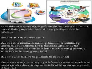 En un ambiente de aprendizaje los profesores piensan y toman decisiones en 
torno al diseño y empleo del espacio, el tiempo y la disposición de los 
materiales: 
cómo debe ser la organización espacial 
cómo va a ser la selección, elaboración y disposición (accesibilidad y 
visibilidad) de los materiales para el aprendizaje (según un modelo 
pedagógico, teniendo en cuenta las diferencias individuales y grupales, y 
adecuados a los intereses y necesidades) 
cómo van a estar almacenados y clasificados los materiales 
cómo se van a manejar los mensajes y la información dentro del espacio de tal 
manera que están claras las responsabilidades del tal manera que se propicie 
la autonomía 
 