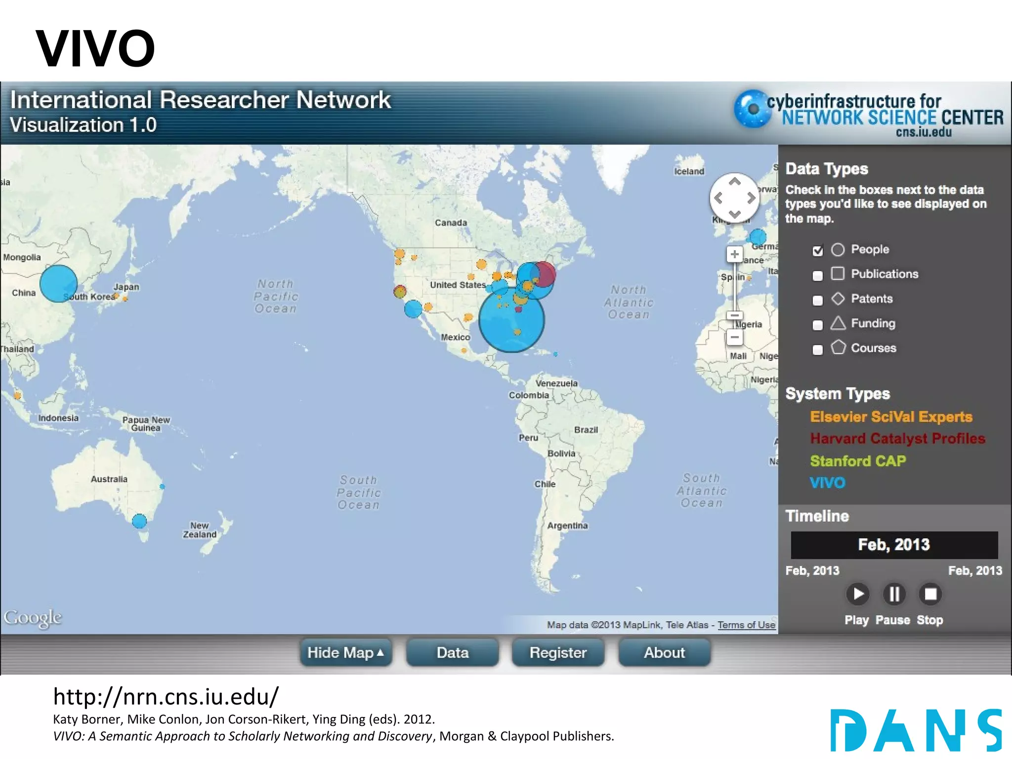 VIVO




http://nrn.cns.iu.edu/
Katy Borner, Mike Conlon, Jon Corson-Rikert, Ying Ding (eds). 2012.
VIVO: A Semantic Approach to Scholarly Networking and Discovery, Morgan & Claypool Publishers.
 