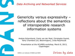 Data Archiving and Networked Services




Genericity versus expressivity –
reflections about the semantics
    of interoperable research
       information systems

 Andrea Scharnhorst, Frank van der Most, Christophe Gueret,
    Tamy Chambers (IU, Bloomington), Linda Reijnhoudt

     Presentation at the ACUMEN workshop, March 8, 2013,
                          Copenhagen


DANS is an institute of KNAW and NWO
 