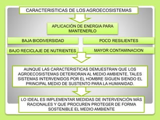 CARACTERISTICAS DE LOS AGROECOSISTEMAS
APLICACIÓN DE ENERGIA PARA
MANTENERLO
BAJA BIODIVERSIDAD POCO RESILIENTES
BAJO RECICLAJE DE NUTRIENTES MAYOR CONTAMINACION
AUNQUE LAS CARACTERISTICAS DEMUESTRAN QUE LOS
AGROECOSISTEMAS DETERIORAN AL MEDIO AMBIENTE, TALES
SISTEMAS INTERVENIDOS POR EL HOMBRE SIGUEN SIENDO EL
PRINCIPAL MEDIO DE SUSTENTO PARA LA HUMANIDAD.
LO IDEAL ES IMPLEMENTAR MEDIDAS DE INTERVENCIÓN MÁS
RACIONALES Y QUE PROCUREN PROTEGER DE FORMA
SOSTENIBLE EL MEDIO AMBIENTE
 