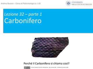 Lezione 32 – parte 1
Carbonifero
Perché il Carbonifero si chiama così?
Andrea Baucon – Corso di Paleontologia (v. 1.0)
Licenza Creative Commons: Attribuzione - Non commerciale - Condividi allo stesso modo
 