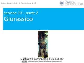 Lezione 33 – parte 2
Giurassico
Quali rettili dominavano il Giurassico?
Andrea Baucon – Corso di Paleontologia (v. 1.0)
Licenza Creative Commons: Attribuzione - Non commerciale - Condividi allo stesso modo
 