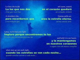 La luce che tu dai La luz que nos das A luz que você traz nel cuore, resterà en el corazón quedará no coração, restará A ricordarci che, para recordarnos que a recordação que, l'eterna stella sei. eres la estrella eterna. eterna estrela será. I pray, we'll find your light Imploro porque encontremos tu luz Eu rezo, nós encontraremos sua luz and hold it in our hearts   y la mantengamos  en nuestros corazones e segure isso em nossos corações when stars go out each night… cuando las estrellas se van cada noche… quando estrelas saírem a cada noite… 