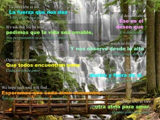 La forza che ci dai La fuerza que nos das A força que você traz We ask that life be kind pedimos que la vida sea amable, Nós perguntamos se essa vida é amável E' il desierio che Ése es el deseo que E o desejo que And watch us from above Y nos observe desde lo alto E observe-nos do alto Ognuno trovi amor Que todos encuentren amor Cada um tendo amor We hope each soul will find… Esperamos que cada alma encuentre … Nós esperamos que cada alma encontre… Intorno e dentro a sé dentro y fuera de si. Em volta e dentro de si, … another soul to love … otra alma para amar. … alguma alma para amar 