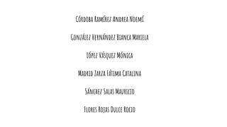 Córdoba Ramírez Andrea Noemí
González Hernández Bianca Mariela
López Vásquez Mónica
Madrid Zarza Fátima Catalina
Sánchez Salas Mauricio
Flores Rojas Dulce Rocio
 
