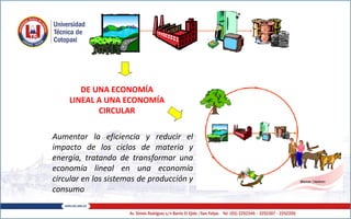 DE UNA ECONOMÍA
LINEAL A UNA ECONOMÍA
CIRCULAR
Aumentar la eficiencia y reducir el
impacto de los ciclos de materia y
energía, tratando de transformar una
economía lineal en una economía
circular en los sistemas de producción y
consumo
 