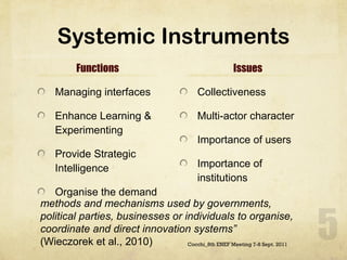 Systemic Instruments Functions Managing interfaces Enhance Learning & Experimenting Provide Strategic Intelligence Organise the demand Issues Collectiveness  Multi-actor character  Importance of users  Importance of institutions  Cocchi_8th ENEF Meeting 7-8 Sept. 2011 methods and mechanisms used by governments, political parties, businesses or individuals to organise, coordinate and direct innovation systems”  (Wieczorek et al., 2010)  