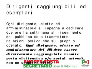 Di r i gent i r aggi ungi bi l i ed
esem ar i
pl
Ogni di r i gent e, el et t o ed
am i ni s t r at or e s i i m
m
pegna a dedi car e
due or e l a set t i m
ana al r i cevi m
ent o
del pubbl i co ed a t r as m t er e
et
r el azi oni per i odi che s ul pr opr i o
oper at o. O
gni di ri gent e, el et t o ed
am i ni s t rat ore del P deve es s ere
m
D
di ret t am e raggi ungi bi l e t ram t e
ent
i
pos t a el et t roni c a e/o s oc i al net w
ork,
c on un s em i c e c l i c k.
pl

 