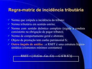 Regra-matriz de  incidência  tributária Norma que estipula a incidência do tributo;  Norma tributária em sentido estrito; Norma com sentido deôntico completo (regula a conduta consistente na obrigação de pagar tributo); Norma de comportamento geral e abstrata; Objeto da prestação tem cunho patrimonial $; Outro ângulo de análise  : a RMIT é uma estrutura lógico-sintática (elementos mínimos constantes) RMIT = [ H (Cm . Ce . Ct)  ->  C S’R S”)] 