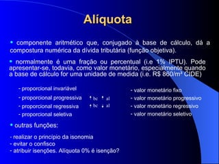 Alíquota componente aritm ético que, conjugado à base de cálculo, dá a compostura numérica da dívida tributária (função objetiva). normalmente é uma fração ou percentual (i.e 1% IPTU). Pode apresentar-se, todavia, como valor monetário, especialmente quando a base de cálculo for uma unidade de medida (i.e. R$ 860/m³ CIDE)   o utras funções: realizar o princ ípio da isonomia   evitar o confisco  atribuir isenç ões. Alíquota 0% é isenção?   proporcional invari ável   proporcional   progressiva  proporcional   regressiva   bc  al bc  al proporcional seletiva  valor monetário fixo valor monetário progressivo  valor monetário regressivo valor monet ário seletivo 