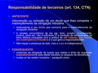 R esponsabilidade de terceiros (art. 134, CTN) ANTECENTE  intervenção ou omissão de um dever que lhes competia + inadimplemento da obrigação tributária Antecedente é  ato ilícito  que concorre para o inadimplemento da obrigação tributária;  A simples circunstância de ser pai, tutor, curador, inventariante, síndico, sócio etc. não é suficiente. É a condição de administrador de bens alheios conjugada com a prática de  ato culposo que resulta em inadimplência tributária   é o que gera a responsabilidade; Não requer a presença de dolo, mas a  culpa  é indispensável CONSEQUENTE contornos da obrigação de sujeito que realiza o ilícito de responder  subsidiariamente   pelo débito tributário ( a despeito da literalidade ); multas s ó de caráter moratório – parágrafo único. 