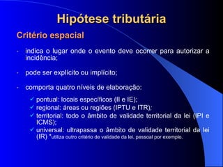 Hipótese tributária Critério espacial indica o lugar onde o evento deve ocorrer para autorizar a incidência; pode ser explícito ou implícito;  comporta  quatro níveis de elaboração: pontual: locais específicos (II e IE); regional: áreas ou regiões (IPTU e ITR) ;  territorial: todo o âmbito de validade territorial da lei (IPI e ICMS); universal: ultrapassa o  âmbito de validade territorial da lei (IR) * utiliza outro critério de validade da lei, pessoal por exemplo.  