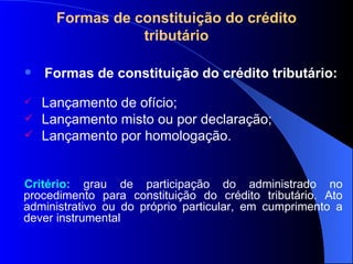 Formas de constituição do crédito tributário: Lançamento de ofício; Lançamento misto ou por declaração; Lançamento por homologação. Critério:  grau de participação do administrado no procedimento para constituição do crédito tributário. Ato administrativo ou do próprio particular, em cumprimento a dever instrumental Formas de constituição do crédito tributário 