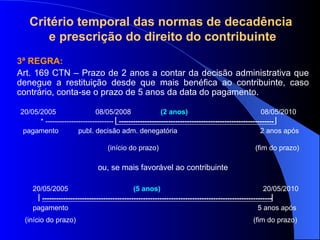 3ª REGRA:   Art. 169 CTN – Prazo de 2 anos a contar da decisão administrativa que denegue a restituição desde que mais benéfica ao contribuinte, caso contrário, conta-se o prazo de 5 anos da data do pagamento.  20/05/2005  08/05/2008  (2 anos)   08/05/2010 * -----------------------------    ------------------------------------------------------------------   pagamento  publ. decisão adm. denegatória  2 anos após  (início do prazo)  (fim do prazo) ou, se mais favorável ao contribuinte 20/05/2005  (5 anos)   20/05/2010  --------------------------------------------------------------------------------------------------  pagamento  5 anos após  (início do prazo)  (fim do prazo) Critério temporal das normas de decadência  e prescrição do direito do contribuinte 