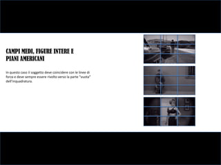 CAMPI MEDI, FIGURE INTERE E
PIANI AMERICANI

In questo caso il soggetto deve coincidere con le linee di
forza e deve sempre essere rivolto verso la parte “vuota”
dell’inquadratura.
 